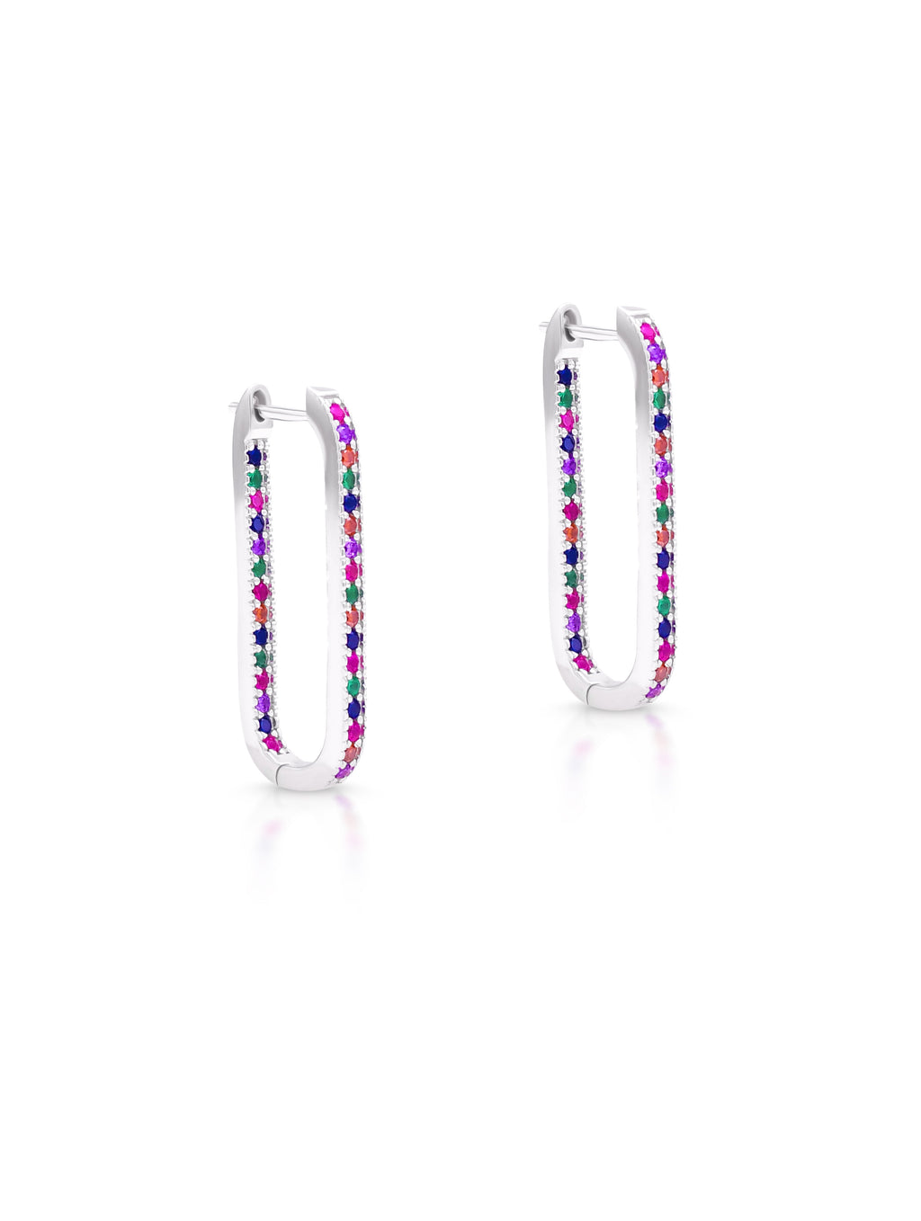 Multi-Color Stone Rectangle Hoop Earrings – Elegant Silver Plated Minimal Jewelry