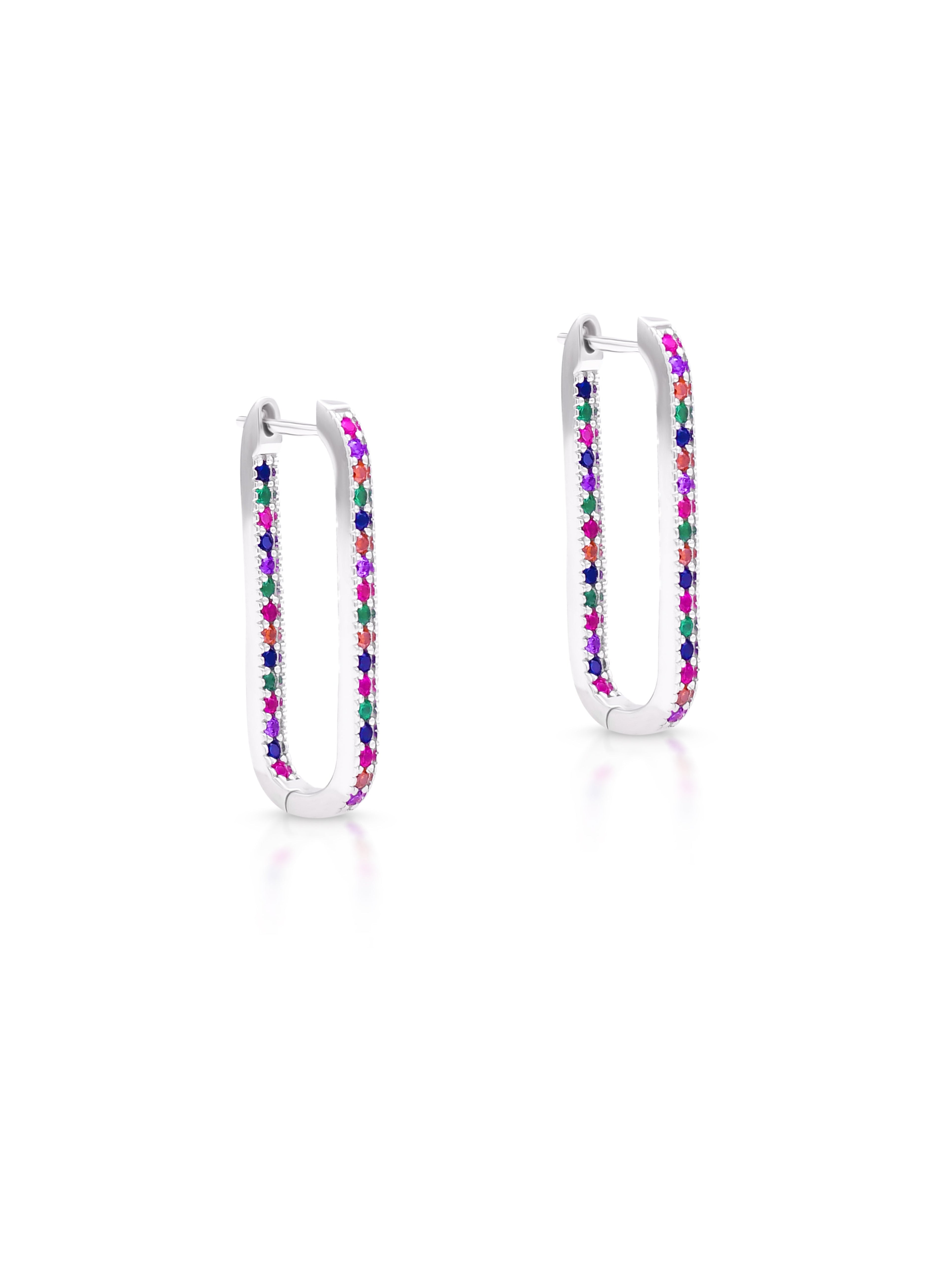 Multi-Color Stone Rectangle Hoop Earrings – Elegant Silver Plated Minimal Jewelry
