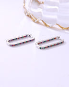 Multi-Color Stone Rectangle Hoop Earrings – Elegant Silver Plated Minimal Jewelry