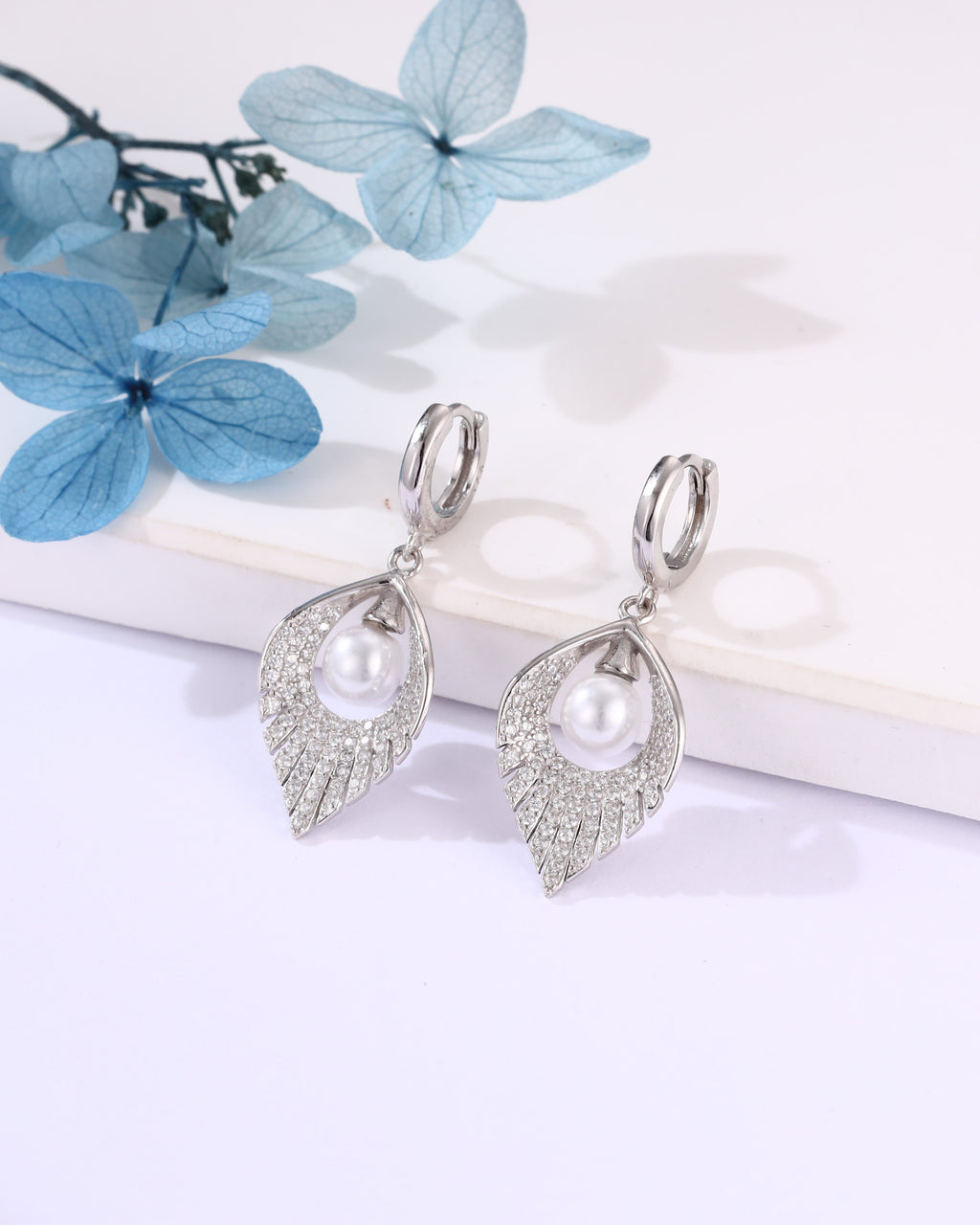 Elegant Pearl Drop Hoop Earrings – Silver Plated