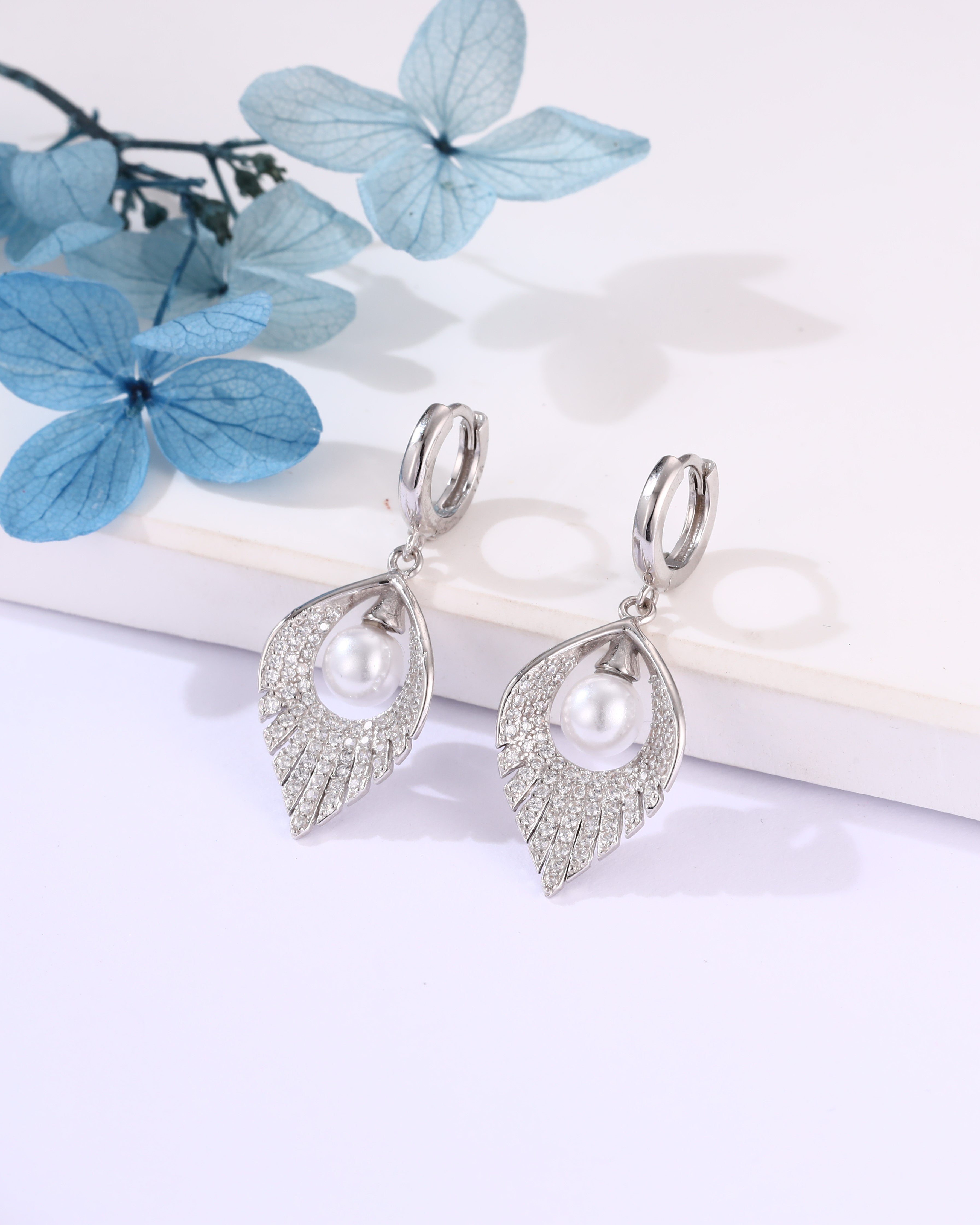 Elegant Pearl Drop Hoop Earrings – Silver Plated